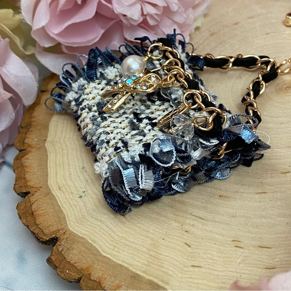 Blue and Black Textured Fabric Handbag Keychain Charm - Picture 9 of 16